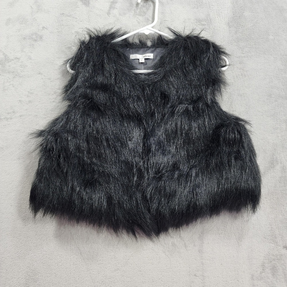 NEW WD.NY Vest Womens L Black Faux Fur Lined Open Front Party Casual Sleeveless